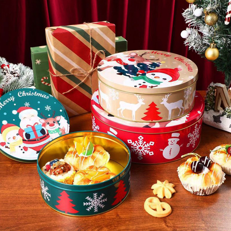 Cutie cadou de Crăciun cu trei piese cu cutie rotundă cu cutie de cookie-uri cu cutie de Crăciun producător de staniu de Crăciun